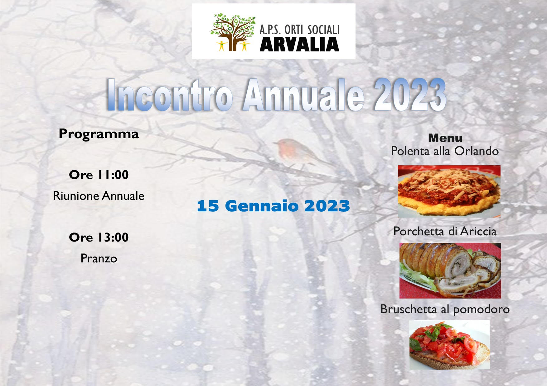 Incontro informativo e pranzo sociale. Domenica 15 gennaio 2023                                         ANNULLATO CAUSA PIOGGIA